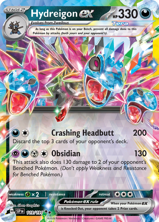 Pokémonkaart Hydreigon ex nummer 119/191 uit de set Surging Sparks (Scarlet & Violet)