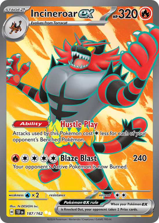Pokémonkaart Incineroar ex nummer 187/162 uit de set Temporal Forces (Scarlet & Violet)
