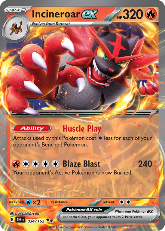 Pokémonkaart Incineroar ex nummer 34/162 uit de set Temporal Forces (Scarlet & Violet)