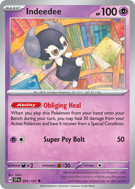 Pokémonkaart Indeedee nummer 93/191 uit de set Surging Sparks (Scarlet & Violet)