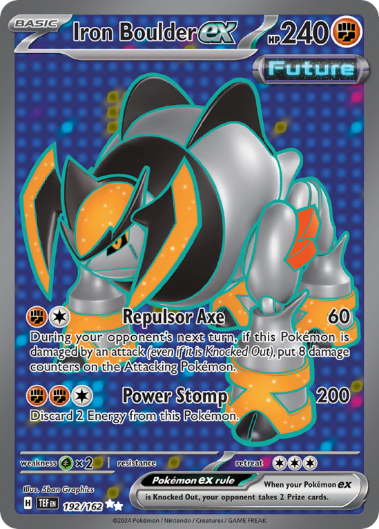 Pokémonkaart Iron Boulder ex nummer 192/162 uit de set Temporal Forces (Scarlet & Violet)