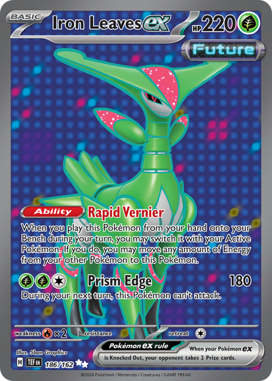 Pokémonkaart Iron Leaves ex nummer 186/162 uit de set Temporal Forces (Scarlet & Violet)
