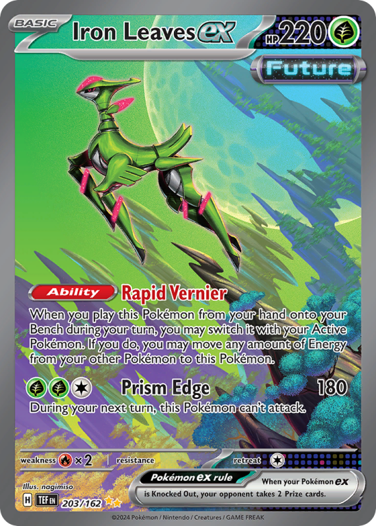 Pokémonkaart Iron Leaves ex nummer 203/162 uit de set Temporal Forces (Scarlet & Violet)