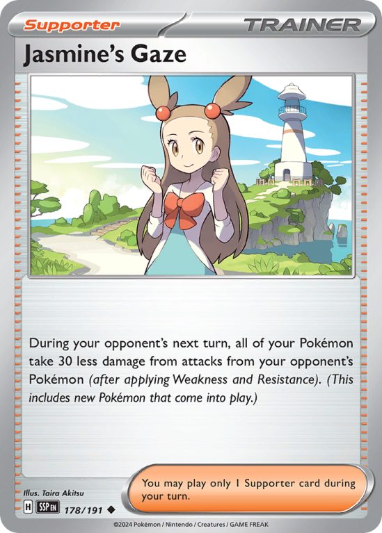 Pokémonkaart Jasmine's Gaze nummer 178/191 uit de set Surging Sparks (Scarlet & Violet)