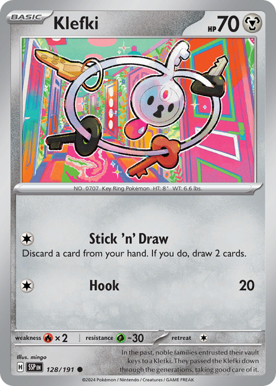 Pokémonkaart Klefki nummer 128/191 uit de set Surging Sparks (Scarlet & Violet)