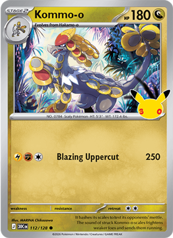 Pokémonkaart Kommo-o nummer 112/128 uit de set 30th Celebration (Mega Evolution)