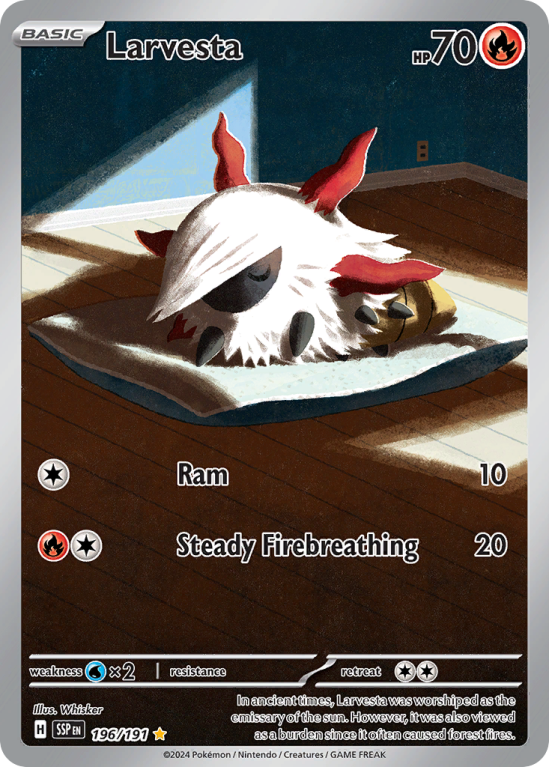 Pokémonkaart Larvesta nummer 196/191 uit de set Surging Sparks (Scarlet & Violet)
