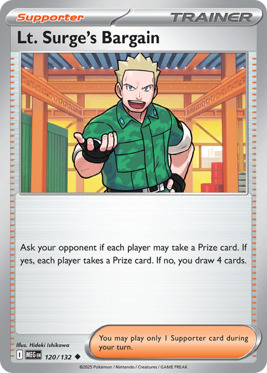 Pokémonkaart Lt. Surge's Bargain nummer 120/132 uit de set Mega Evolution