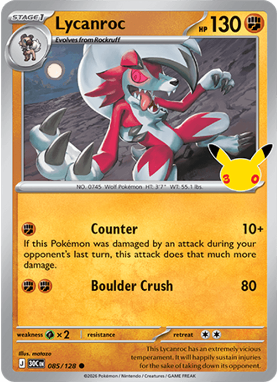 Pokémonkaart Lycanroc nummer 085/128 uit de set 30th Celebration (Mega Evolution)
