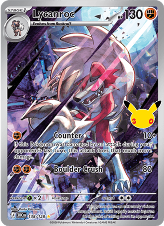 Pokémonkaart Lycanroc nummer 138/128 uit de set 30th Celebration (Mega Evolution)