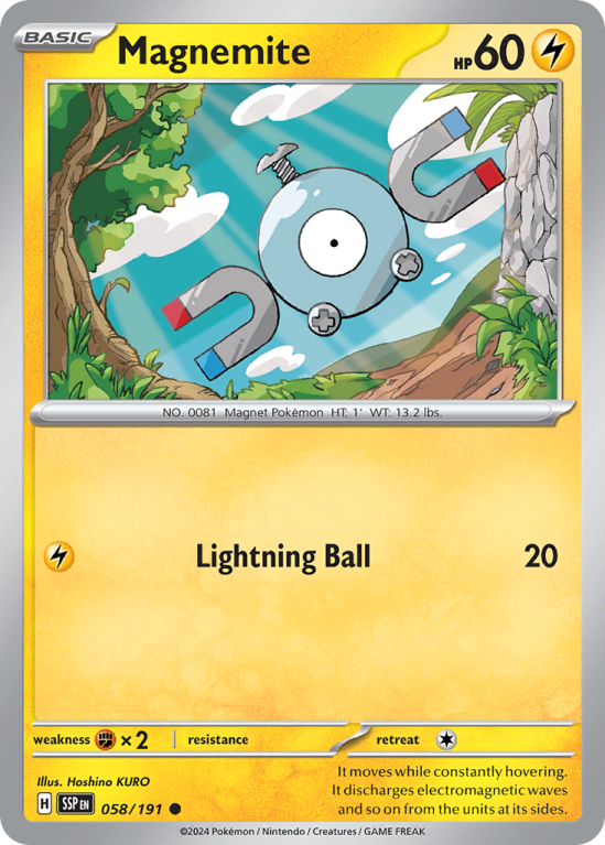 Pokémonkaart Magnemite nummer 58/191 uit de set Surging Sparks (Scarlet & Violet)
