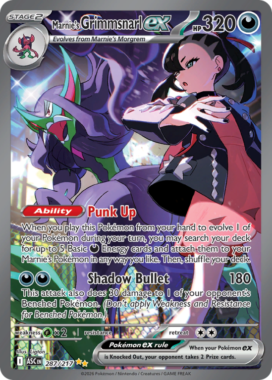 Pokémonkaart Marnie's Grimmsnarl ex nummer 287/217 uit de set Ascended Heroes (Mega Evolution)