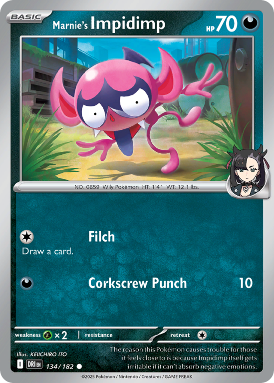 Pokémonkaart Marnie's Impidimp nummer 134/182 uit de set Destined Rivals (Scarlet & Violet)