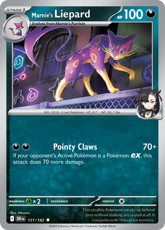 Pokémonkaart Marnie's Liepard nummer 131/182 uit de set Destined Rivals (Scarlet & Violet)