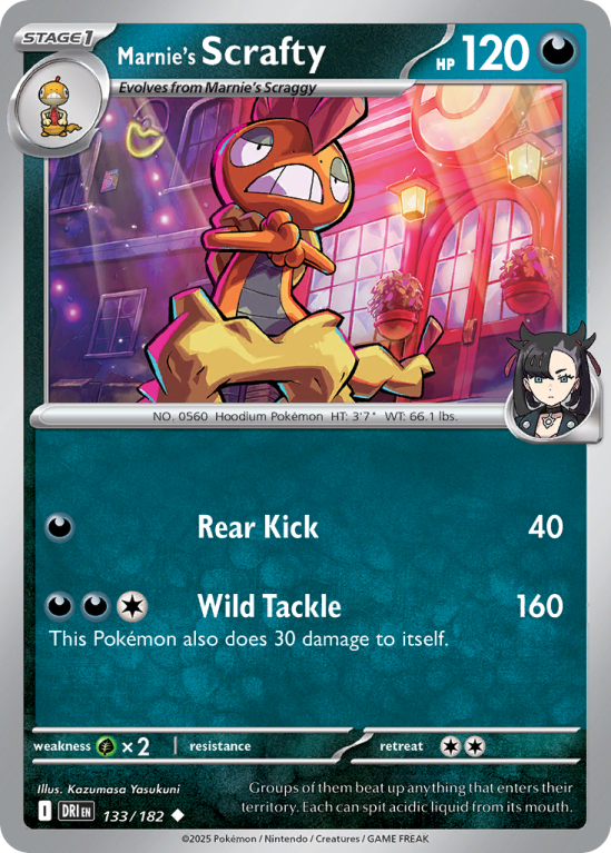 Pokémonkaart Marnie's Scrafty nummer 133/182 uit de set Destined Rivals (Scarlet & Violet)
