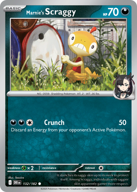 Pokémonkaart Marnie's Scraggy nummer 132/182 uit de set Destined Rivals (Scarlet & Violet)