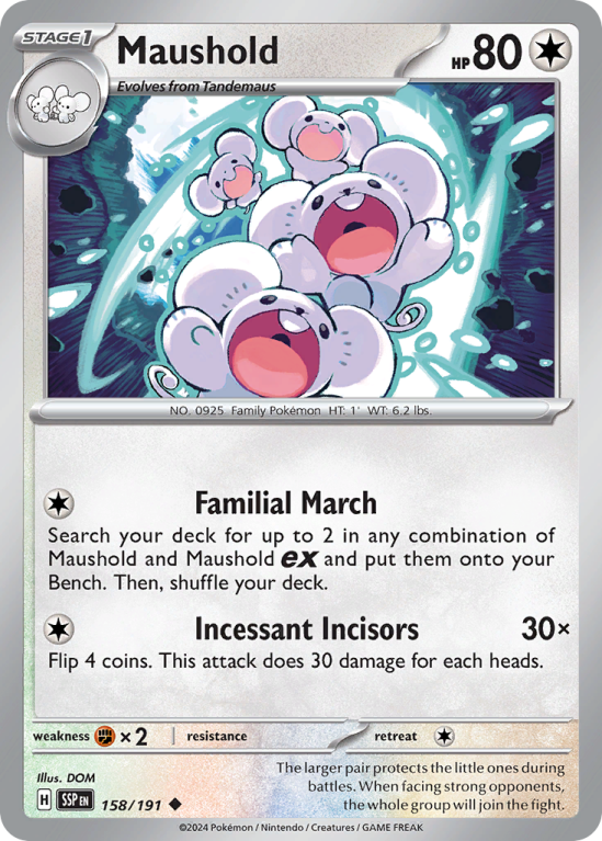 Pokémonkaart Maushold nummer 158/191 uit de set Surging Sparks (Scarlet & Violet)