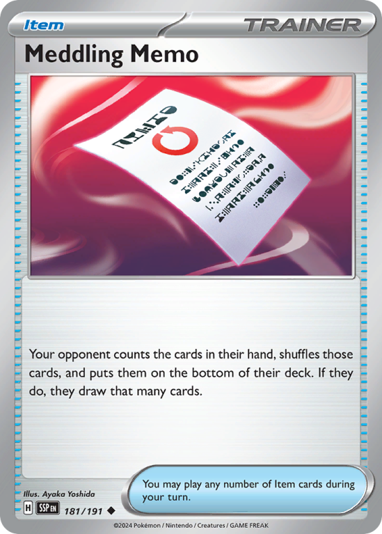 Pokémonkaart Meddling Memo nummer 181/191 uit de set Surging Sparks (Scarlet & Violet)