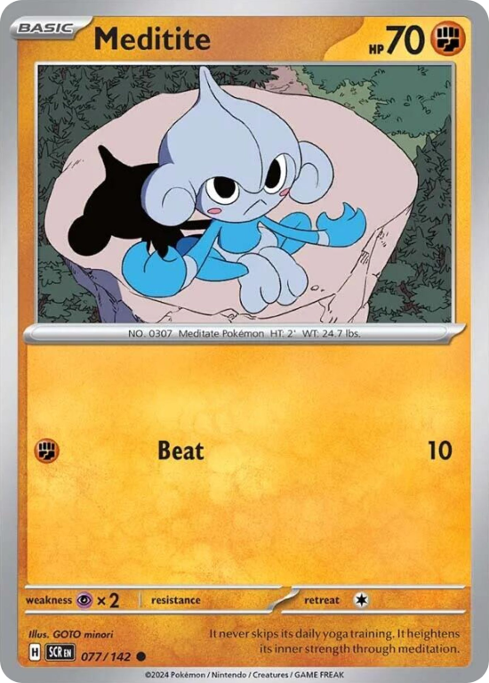 Pokémonkaart Meditite nummer 77/142 uit de set Stellar Crown (Scarlet & Violet)