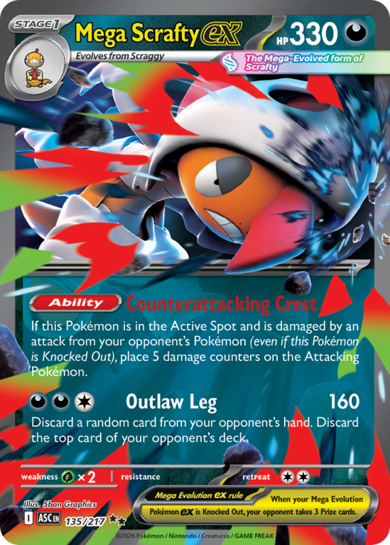 Pokémonkaart Mega Scrafty ex nummer 135/217 uit de set Ascended Heroes (Mega Evolution)