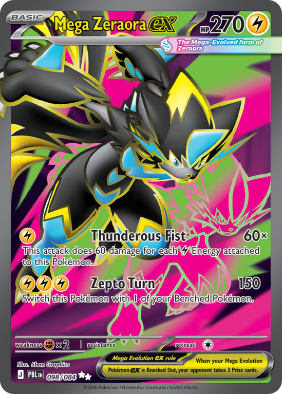 Pokémonkaart Mega Zeraora ex nummer 98/84 uit de set Pitch Black (Mega Evolution)