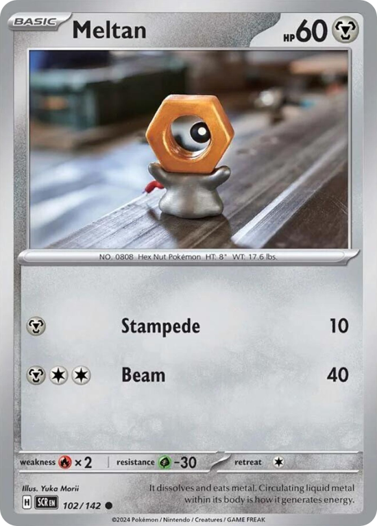 Pokémonkaart Meltan nummer 102/142 uit de set Stellar Crown (Scarlet & Violet)