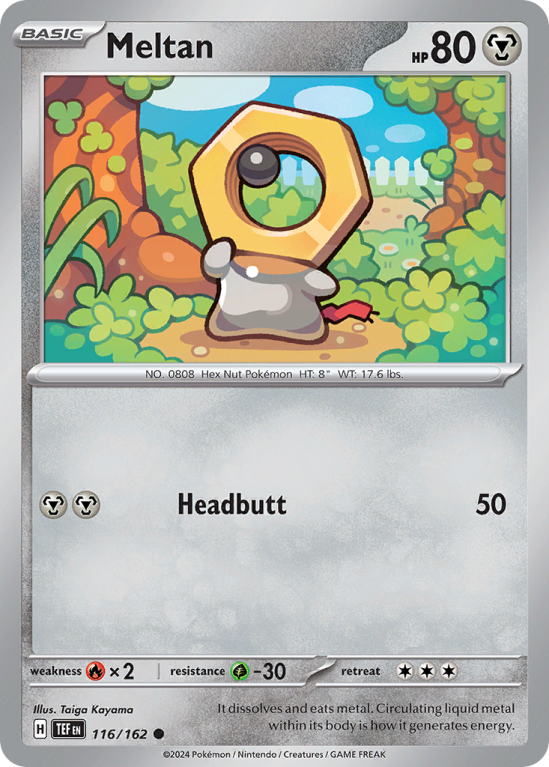 Pokémonkaart Meltan nummer 116/162 uit de set Temporal Forces (Scarlet & Violet)