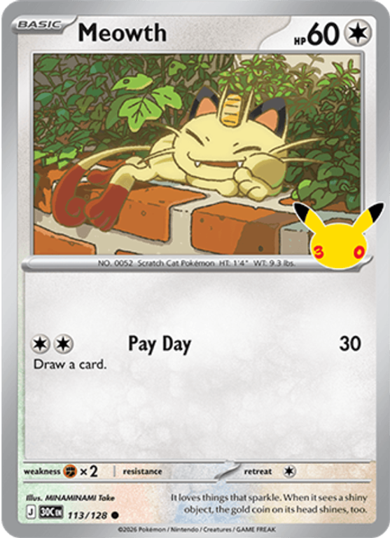 Pokémonkaart Meowth nummer 113/128 uit de set 30th Celebration (Mega Evolution)