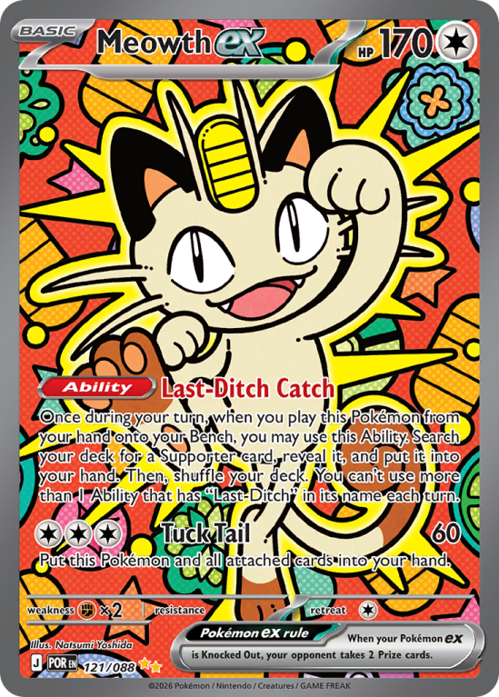 Pokémonkaart Meowth ex nummer 121/88 uit de set Perfect Order (Mega Evolution)