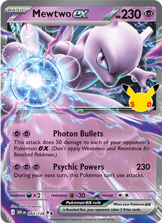 Pokémonkaart Mewtwo ex nummer 064/128 uit de set 30th Celebration (Mega Evolution)