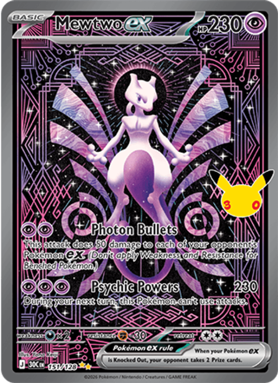 Pokémonkaart Mewtwo ex nummer 151/128 uit de set 30th Celebration (Mega Evolution)