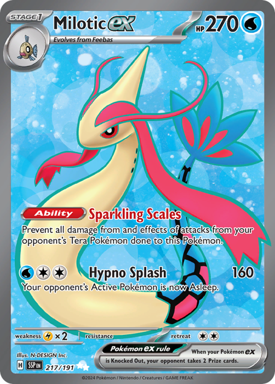 Pokémonkaart Milotic ex nummer 217/191 uit de set Surging Sparks (Scarlet & Violet)