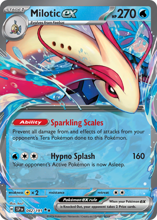 Pokémonkaart Milotic ex nummer 42/191 uit de set Surging Sparks (Scarlet & Violet)