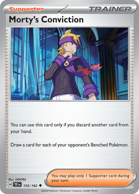 Pokémonkaart Morty's Conviction nummer 155/162 uit de set Temporal Forces (Scarlet & Violet)
