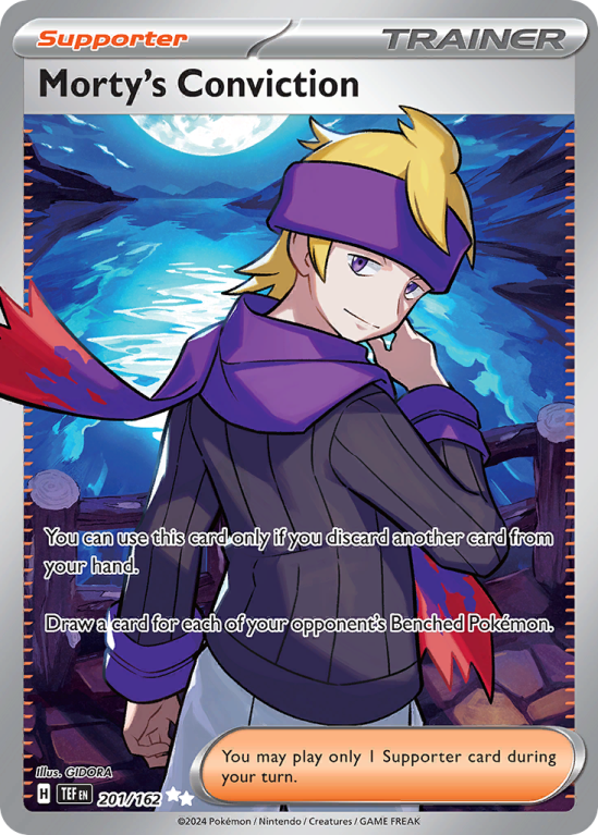 Pokémonkaart Morty's Conviction nummer 201/162 uit de set Temporal Forces (Scarlet & Violet)