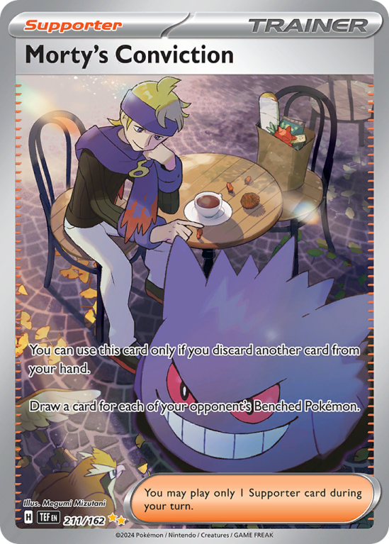 Pokémonkaart Morty's Conviction nummer 211/162 uit de set Temporal Forces (Scarlet & Violet)