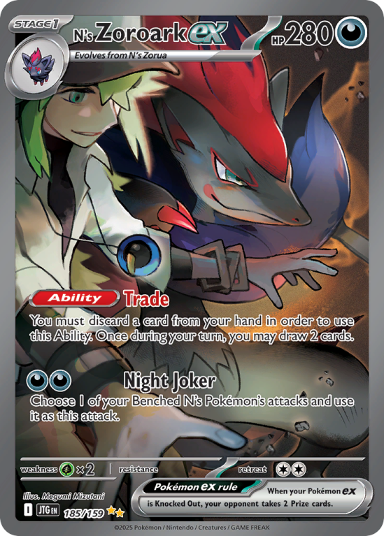 Pokémonkaart N's Zoroark ex nummer 185/159 uit de set Journey Together (Scarlet & Violet)