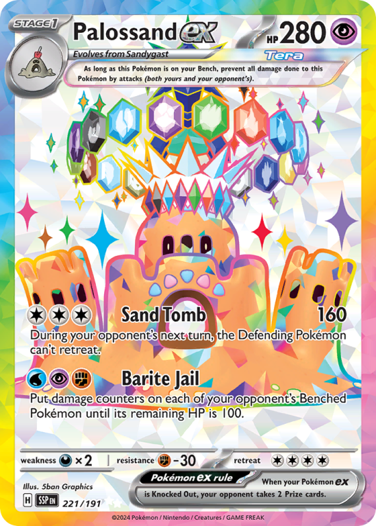 Pokémonkaart Palossand ex nummer 221/191 uit de set Surging Sparks (Scarlet & Violet)