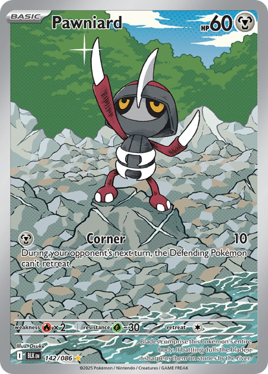 Pokémonkaart Pawniard nummer 142/86 uit de set Black Bolt (Scarlet & Violet)