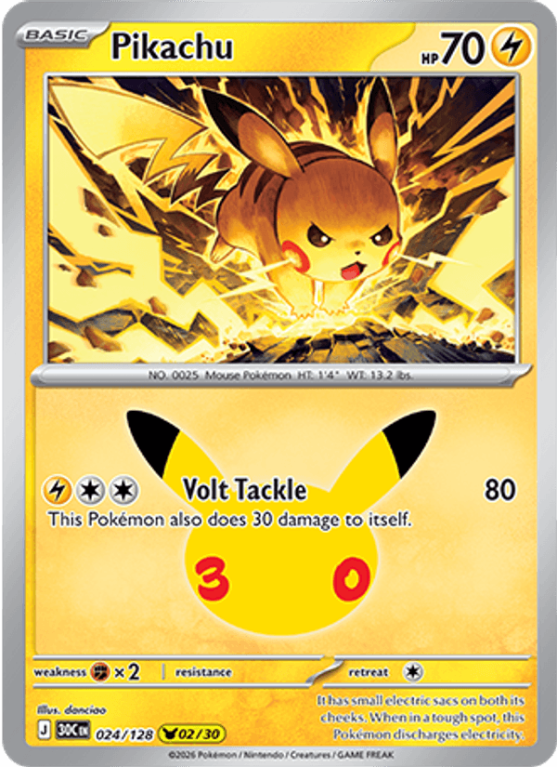 Pokémonkaart Pikachu nummer 024/128 uit de set 30th Celebration (Mega Evolution)