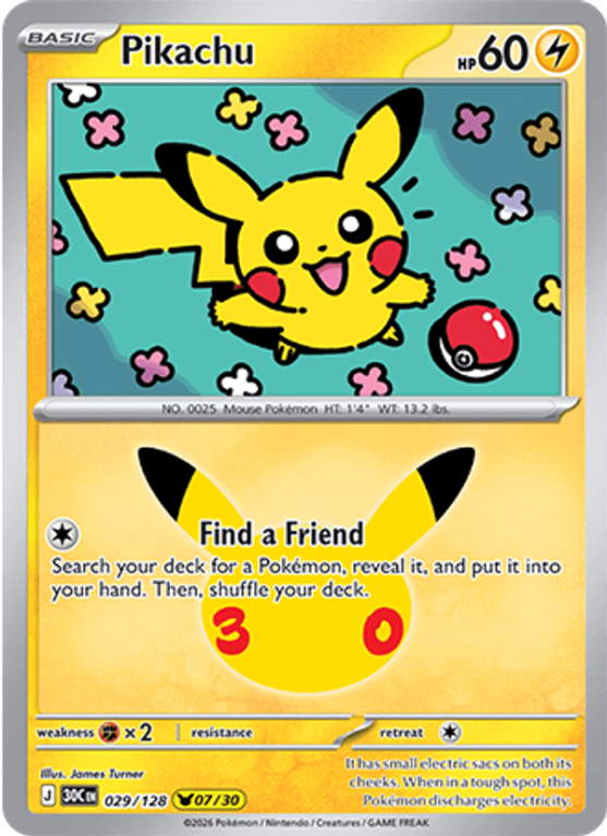 Pokémonkaart Pikachu nummer 029/128 uit de set 30th Celebration (Mega Evolution)