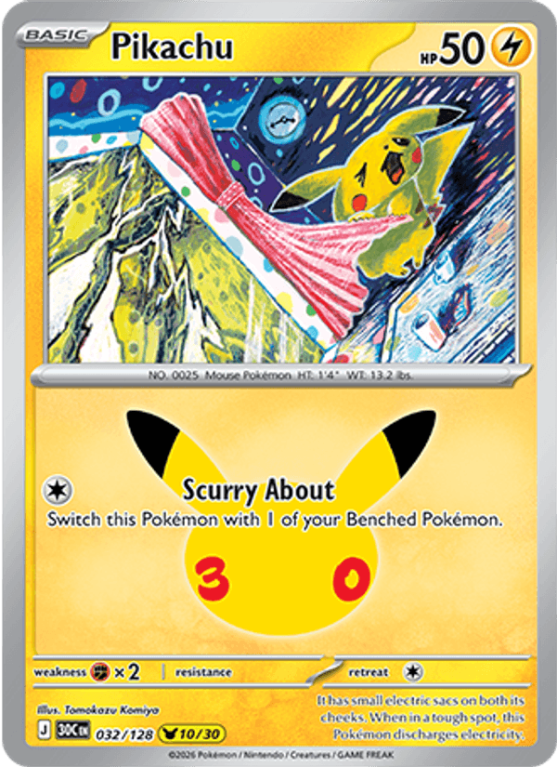 Pokémonkaart Pikachu nummer 032/128 uit de set 30th Celebration (Mega Evolution)