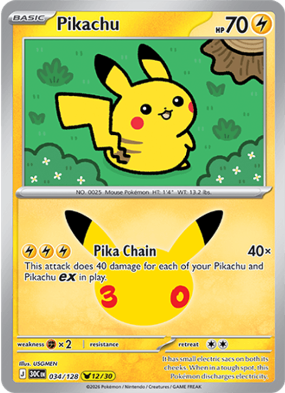Pokémonkaart Pikachu nummer 034/128 uit de set 30th Celebration (Mega Evolution)