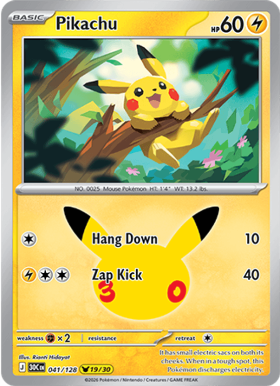 Pokémonkaart Pikachu nummer 041/128 uit de set 30th Celebration (Mega Evolution)