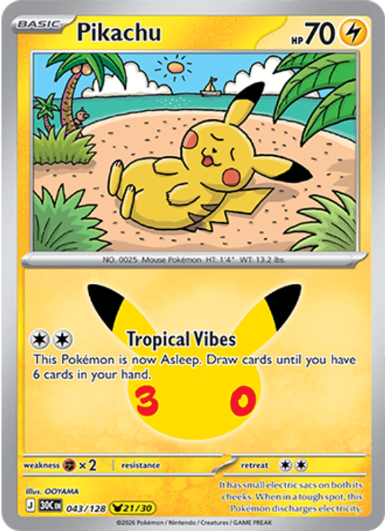 Pokémonkaart Pikachu nummer 043/128 uit de set 30th Celebration (Mega Evolution)