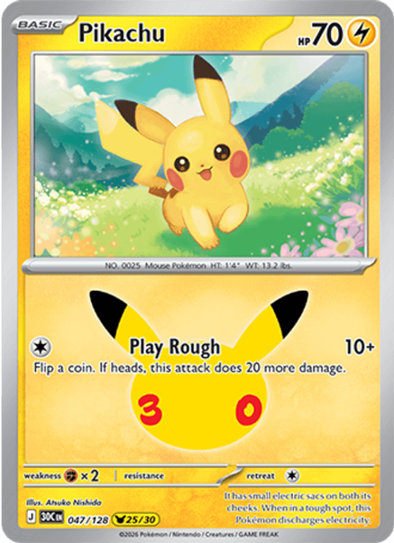 Pokémonkaart Pikachu nummer 047/128 uit de set 30th Celebration (Mega Evolution)