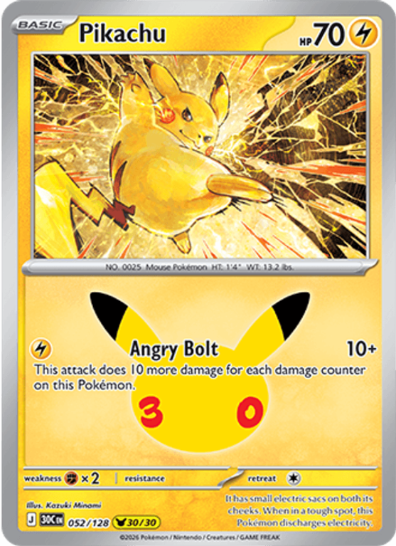 Pokémonkaart Pikachu nummer 052/128 uit de set 30th Celebration (Mega Evolution)