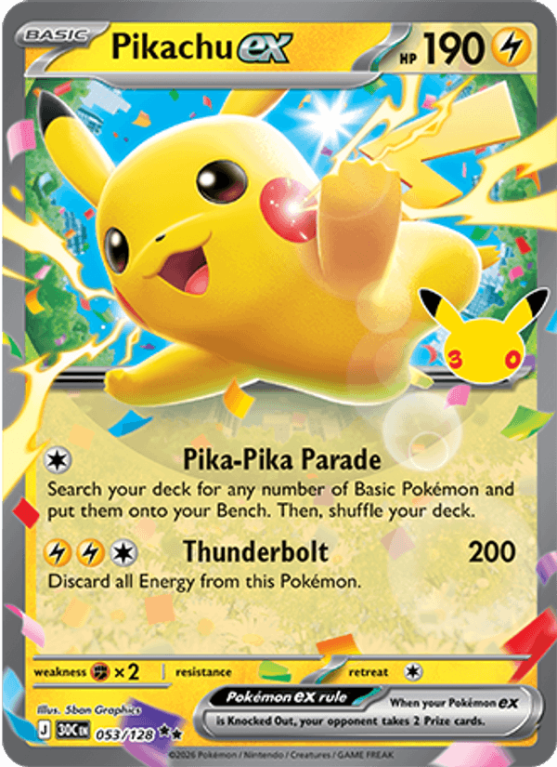 Pokémonkaart Pikachu ex nummer 053/128 uit de set 30th Celebration (Mega Evolution)