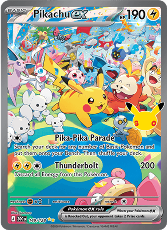 Pokémonkaart Pikachu ex nummer 149/128 uit de set 30th Celebration (Mega Evolution)