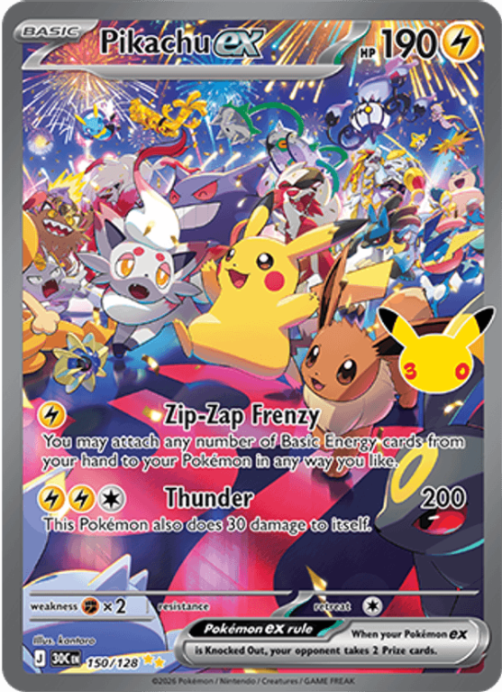 Pokémonkaart Pikachu ex nummer 150/128 uit de set 30th Celebration (Mega Evolution)